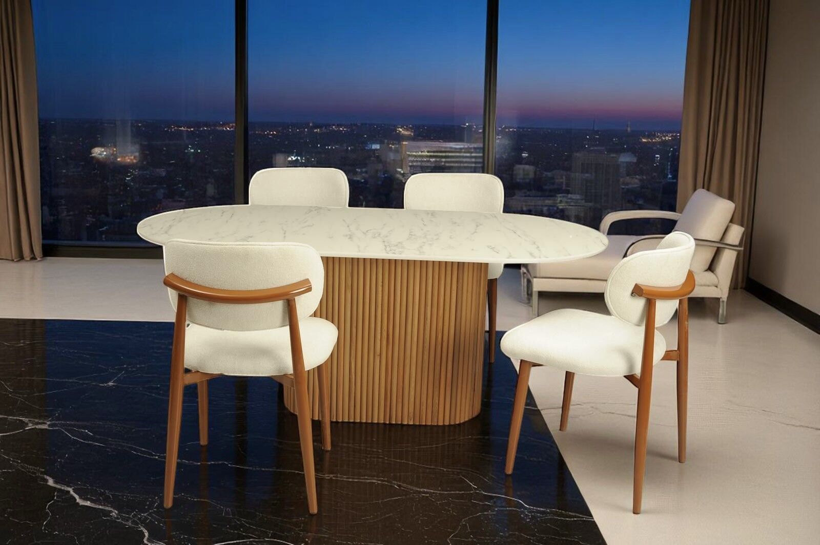 Mermer Desenli Modern Yemek Masası Takımı | 180x90 cm Oval Masa + 4 Sandalye