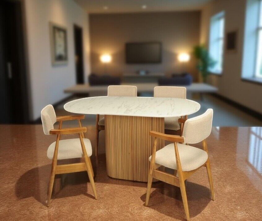180x90 cm Modern Mermer PTT Masa + 4 Adet Allen Ahşap Sandalye Seti