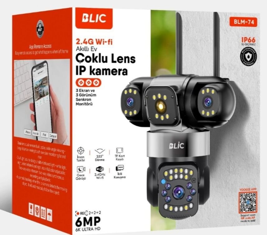 Blic BLM-74 Çoklu Lens IP Kamera - 6MP, 3 Ekran, Wi-Fi